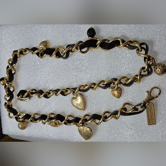 The Limited Vtg Italy Black Leather Chain Belt W/Gold Hearted-Beaded Charms 37" - Picture 10 of 16